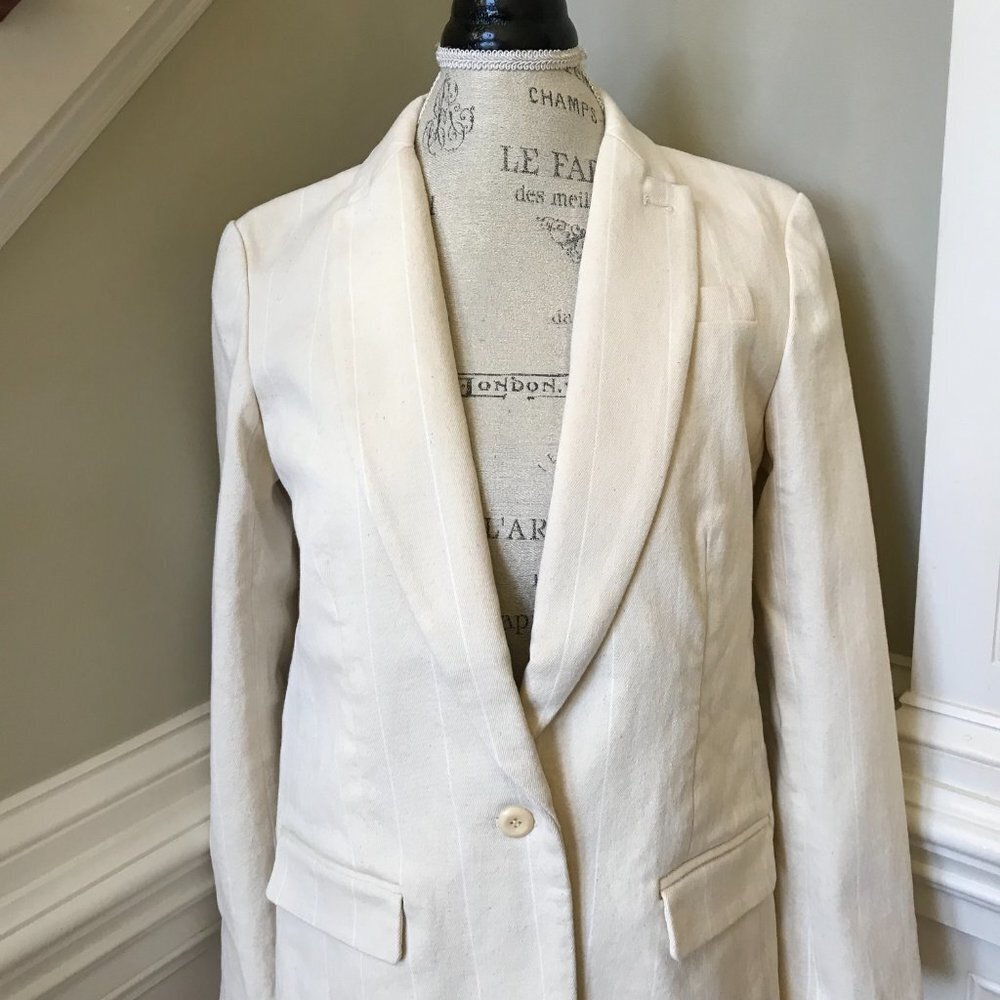 NWT JCrew Alfie Blazer Jacket Womens 4 Tan Natural Denim Stripe Cotton BA437 NEW - Picture 5 of 12